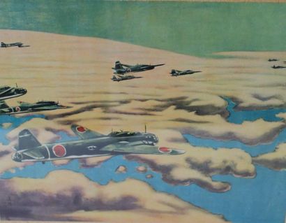 null MITSUBISHI G4M BETTY Chromolithographie représentant une escadrille de bombardier...