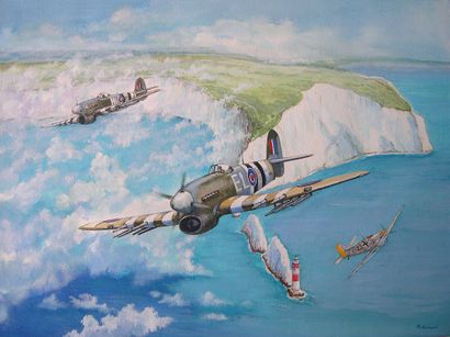 Michel GUYOT «  Chasseur anglais Hawker Typhoon  survolant l’ile de Wight » gouache...