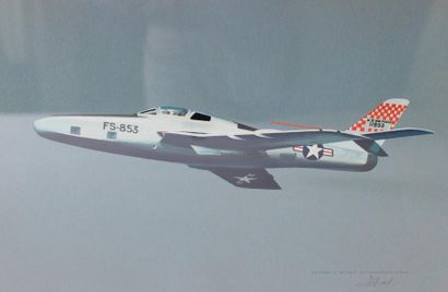 null REPUBLIC RF-84 F THUNDERFLASH gouache sur papier de Jean Noël signée en bas...