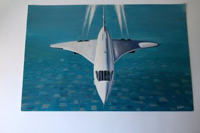 null CONCORDE EN VOL gouache sur carton par SCHOU représentant l’avion en vol supersonique....