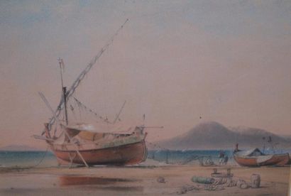 null Edward William COOKE (1811-1880) : « Pêcheurs et bateaux à marée basse ». Dessin...