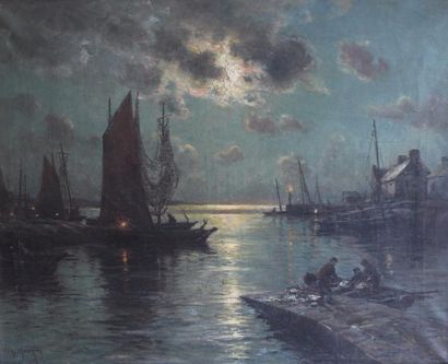 null Georges MARONIEZ (1865-1933) : « Retour de pêche au crépuscule ». Huile sur...