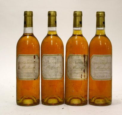 null 4 bouteilles Montbazillac - CLOS LA MAROUTIE 1993
Etiquettes tachées, abimées,...