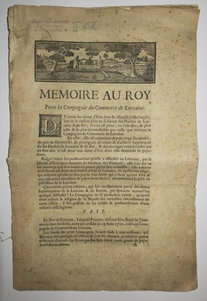 null (LORRAINE. 1750. ACTIONS) «Mémoire au Roy pour la Compagnie du Commerce de Lorraine.»...