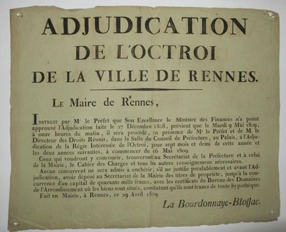 null (ILLE-ET-VILAINE (35). 1809. OCTROI DE RENNES) - Avis de LA BOURDONNAYE-BLOSSAC...