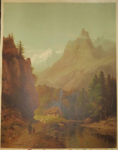 null CHROMOLITHOGRAPHIE DU XIX EME - [Vue dans les montagnes]. Chromolithographie...