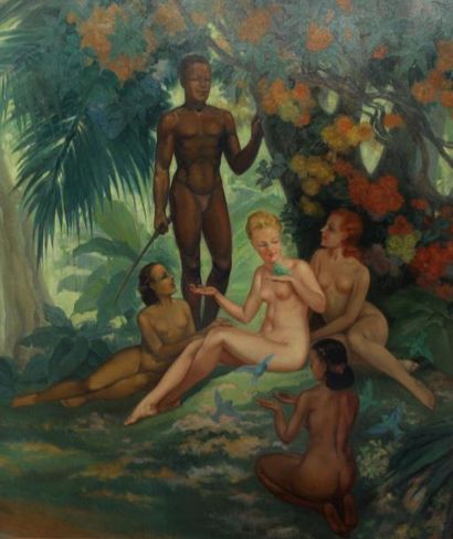 null Ecole première partie XX-ème : « Homme et femmes nues dans un sous-bois tropical »....