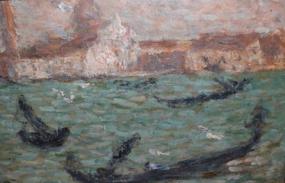 null Edmond AMAN-JEAN (1860-1936) : « Gondoles à Venise ». Huile sur panneau. Circa...