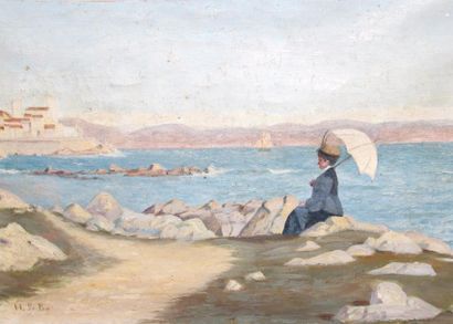 null H. LE PAN (Ecole Française début XX-ème) : « Femme à l’ombrelle assise en bord...
