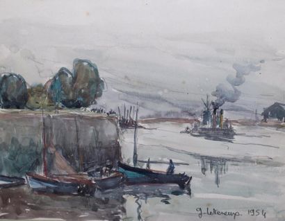 null Gervais LETERREUX (1930-2003) : « Bateaux sur la rivière ». Aquarelle sur papier...