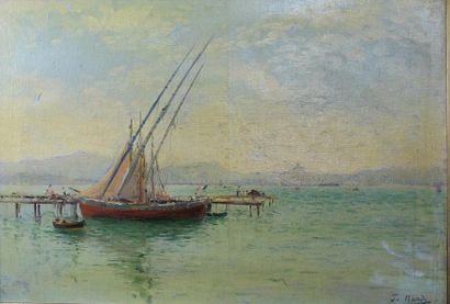 null François NARDI (1861-1936) : « Voilier à l’embarcadère ». Huile sur toile signée...