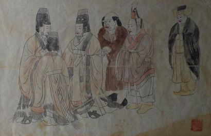 null Ecole chinoise fin XIX-ème Siècle : « La discussions des sages ». Encre et aquarelle....
