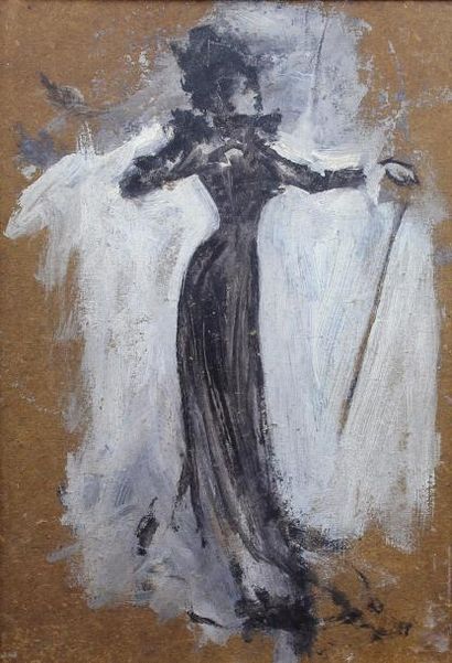 null Ecole française vers 1900 : « Femme en robe à la canne ». Huile sur carton....