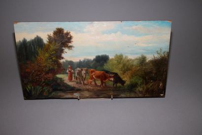 null Dans le goût de Louis GUY (1824-1888) : « Vaches s’abreuvant ». Huile sur panneau....
