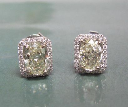   Paire de boucles d'oreilles en or gris 750°/00, chacune est sertie d'un diamant...
