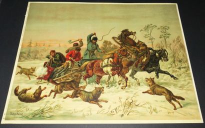 null RUSSIE / POLOGNE - "CHASSE AUX LOUPS". c. 1920. CHROMOLITHOGRAPHIE d'après Th....