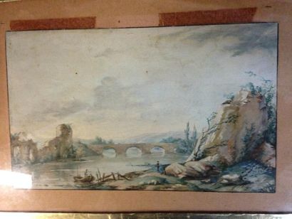 null Elise SAUGRAIN (1753-1788) (élève de Moreau le Jeune) : « Paysage au pont »....