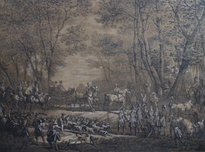 null Carle Vernet (1758-1836) : « Scène de chasse à courre : la curée ». Estampe...