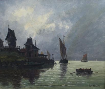 null Joachim VAN HIER (1834-1905) : « Vue de port hollandais à la nuit tombante »....