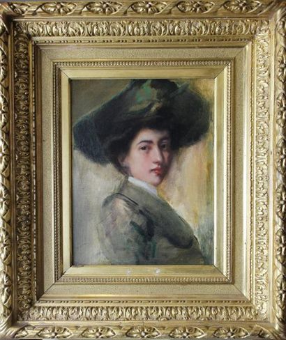 null Ecole française de la fin du XIX-ème Siècle : « Portrait de femme au chapeau »....