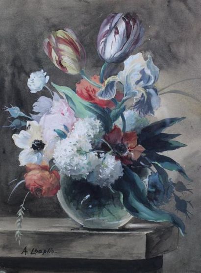 null Arthur CHAPLIN (1869-1935) : « Bouquet de fleurs dans un vase sur un entablement »....
