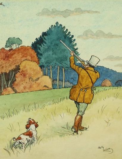 null Harry ELLIOTT (d’après) (1882-1959) : « Le chasseur et son chien tirant un coq...