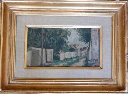 null POUJOL (1904-1923) : « Vue de Rue ». Huile sur carton. 17 x 30,5 cm