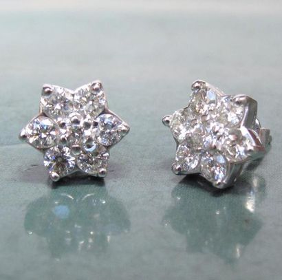 null Paire de boucles d'oreilles fleurs en or gris 750°/00, serties de diamants taille...