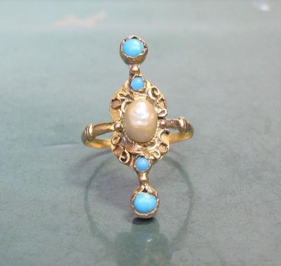   Petite bague ancienne en or jaune 750°/00, sertie d'une perle et de pierres bleues...