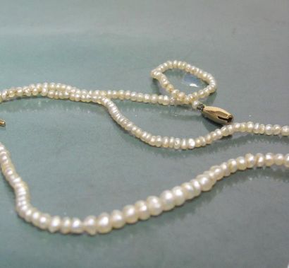   Petit collier de semence de perles fines, fermoir en or jaune 750°/00. Poinçon...