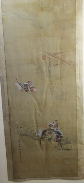 null JAPON Meiji : « Les guerriers à cheval en bord de rivière ». Encre et peinture...