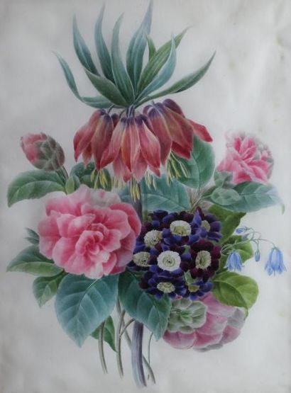null Ecole française du XIX-ème Siècle : « Bouquet de fleurs ». Gouache sur parchemin....