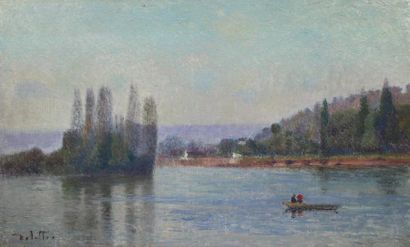 null Joseph DELATTRE (1858-1912) : « La barque sur la Seine ». Huile sur toile signée...