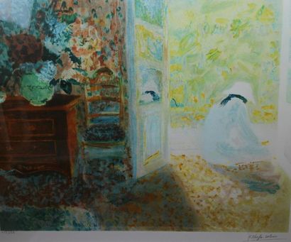 null CHEFFER-DELOUIS Yvonne (1910- ?) : « Femme assise à la porte-fenêtre ». Lithographie...