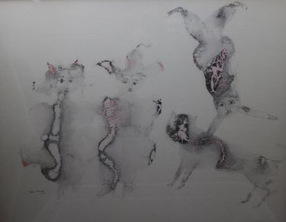 null BURMAN Satki (né en 1935) : « Chat et acrobates ». Dessin à l’encre et à l’aquarelle...
