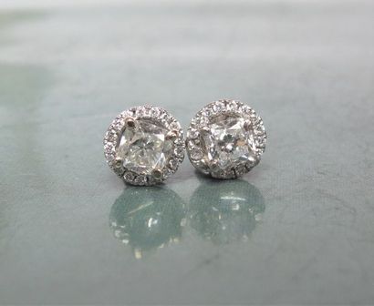   Paire de boucles d'oreilles en or gris 750°/00, chacune est sertie d 'un diamant...