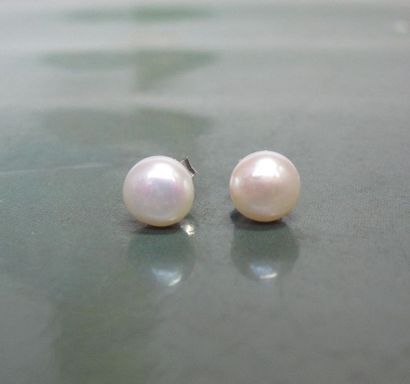   Paire de puces, serties de perles de culture bouton diamètre 6 mm, tiges et fermoirs...