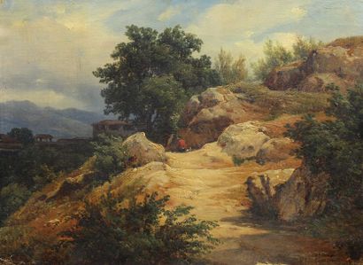 null André GIROUX (1801-1879) : « Le paysan italien assis sur le chemin ». Huile...