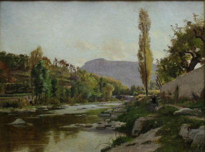 null SAIN Paul, 1853-1908, Promeneuse en bord de rivière, huile sur toile (traces...