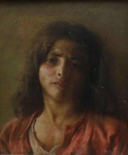 null Ecole moderne : « Portrait de jeune femme à la chemise rouge, 1906 ». Pastel...