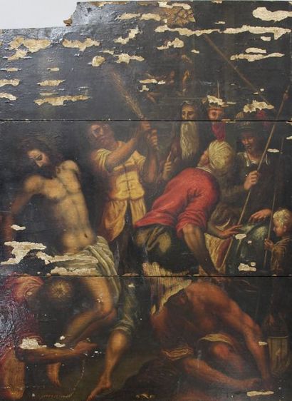 null Ecole flamande fin du XVI-ème Siècle : « La Flagellation du Christ ». Huile...