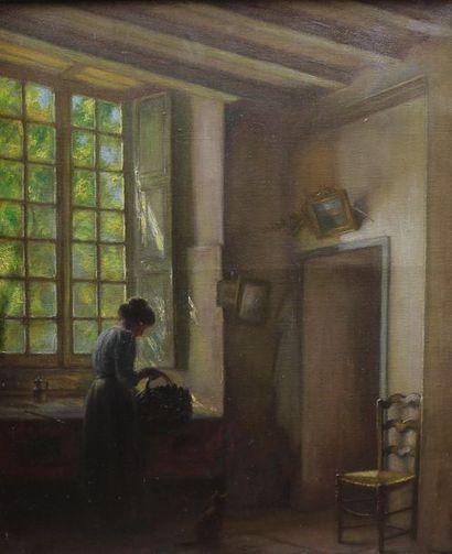 null LORIEUX Albert, né en 1862, Femme dans un intérieur, huile sur toile (petite...