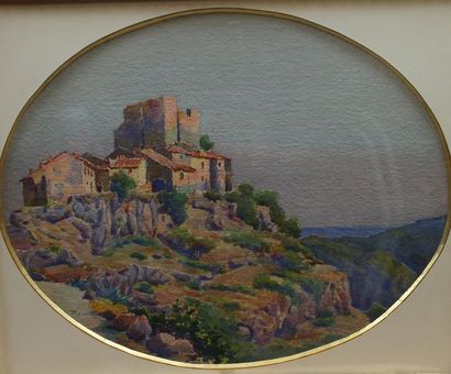 null JOUVEN Romain, 1874-1929, VIllage perché, aquarelle à vue ovale, signée en bas...