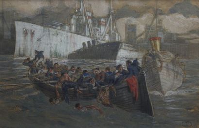 null SANTAOLARIA Vicente, 1886-1967, Sauvetage de naufragés près d'un paquebot, aquarelle...