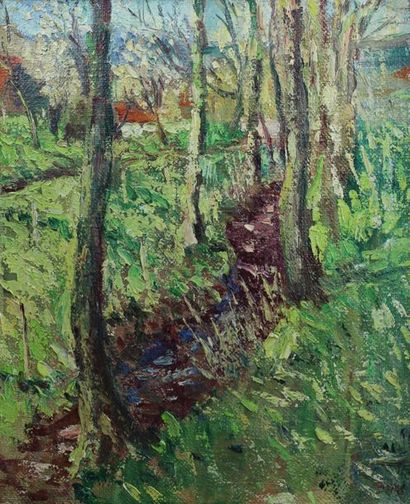 null Pal BOR (1889-1982) : « Ruisseau en sous-bois près de maisons ». Huile sur toile...