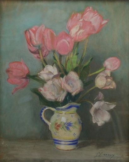 null LEROUX Lucienne, 1903-1981, Tulipes au vase, pastel sur papier gris, signé en...