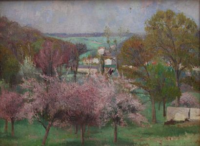 null DEBAINS Thérèse, 1907-1975, Paysage aux arbres en fleurs, huile sur carton marouflé...