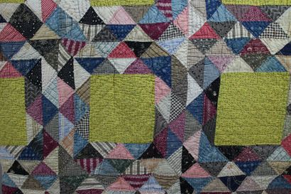 null Patchwork « Crazy quilt », petits triangles multicolores et carrés jaunes, 2m08...