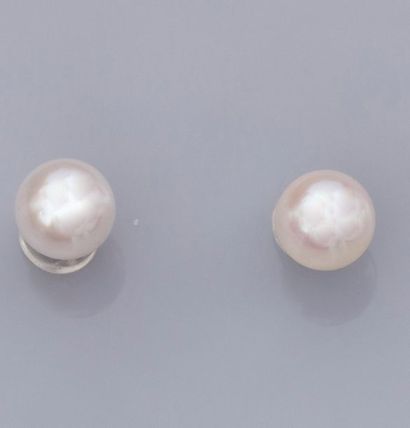   Paire de boucles d'oreilles serties de perles de culture diamètre 6.5/7 mm, Japon,...