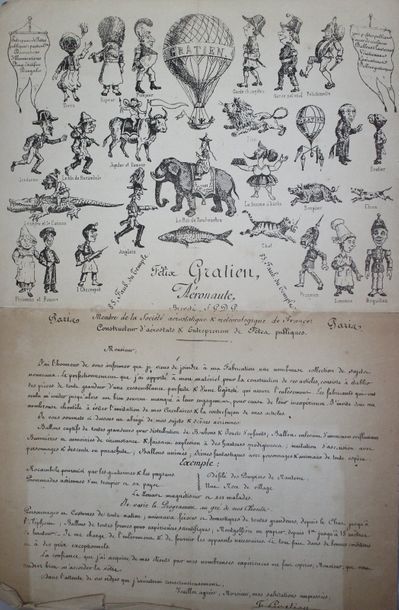 null Affichette «  Ballon et Aérostats Félix Gratien » vers 1880. Petits accidents...